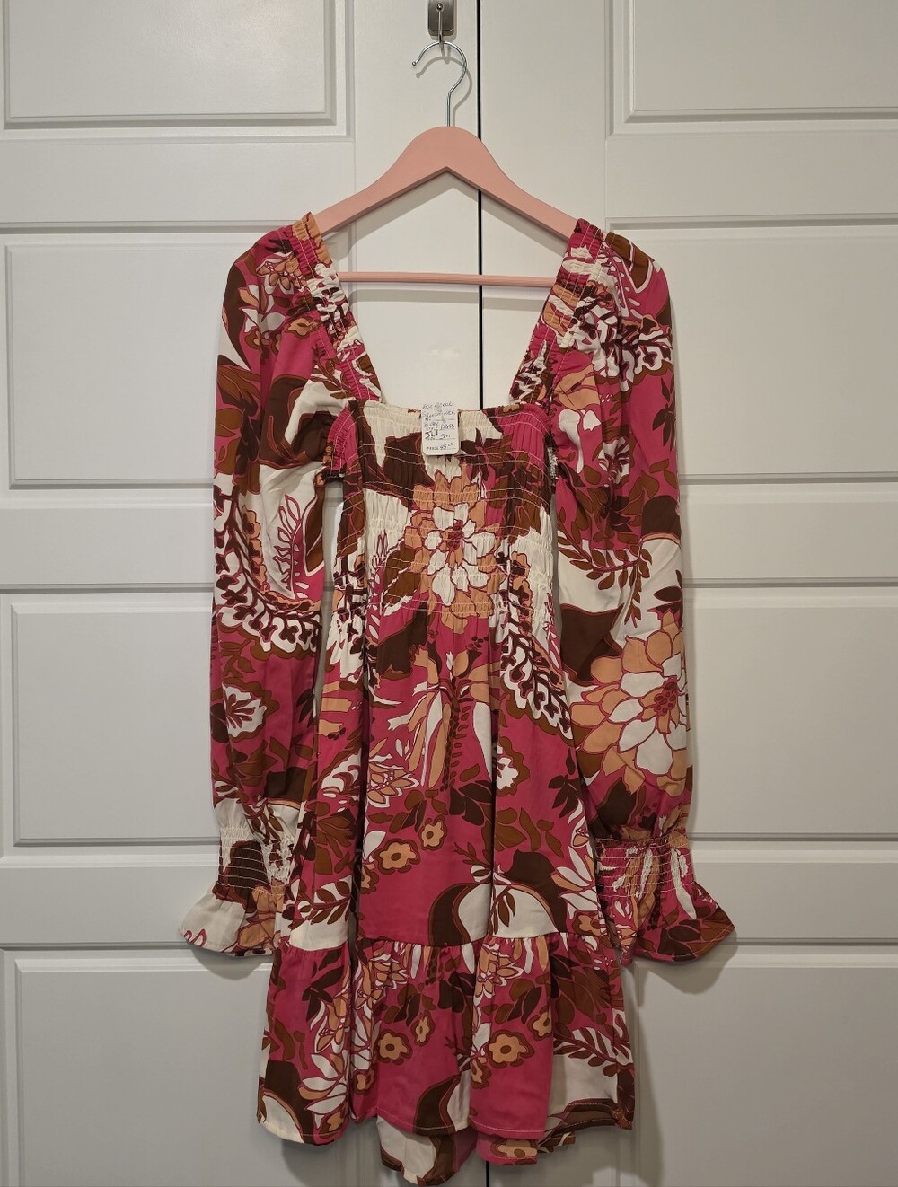 Retro Pink Floral Smocked Dress Size Small Womens